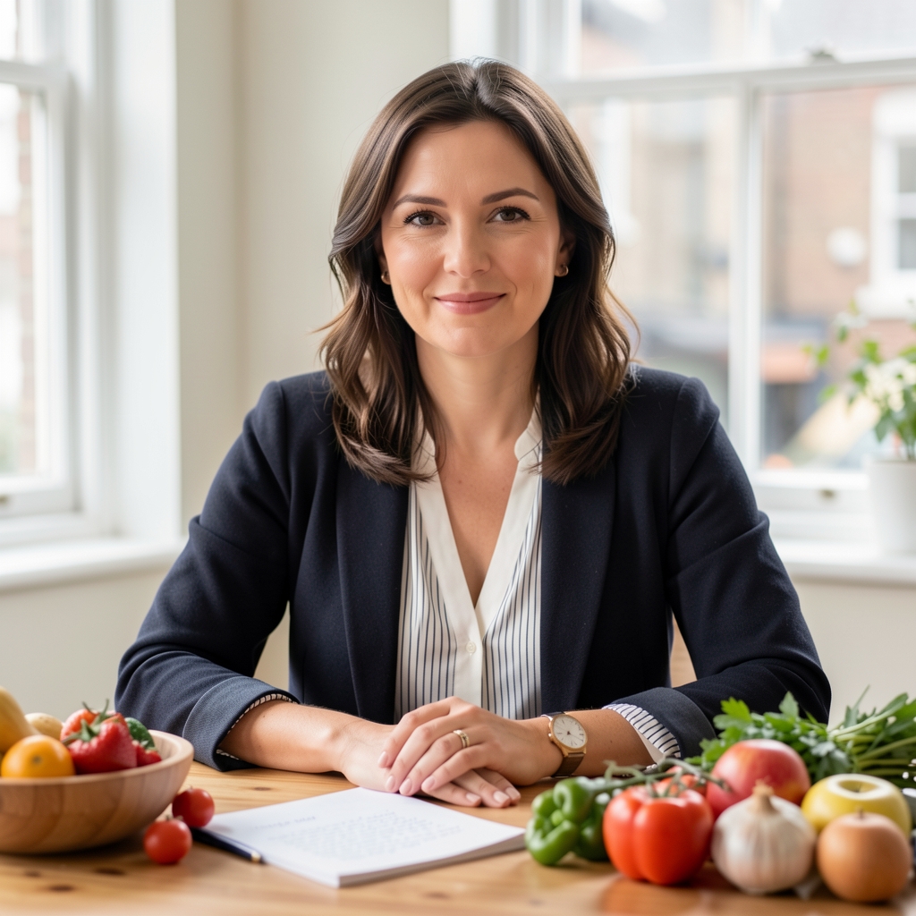 A nutritionist at a light-filled London workspace reviewing seasonal meal plans spread across a natural wood desk with a cup of herbal tea nearby