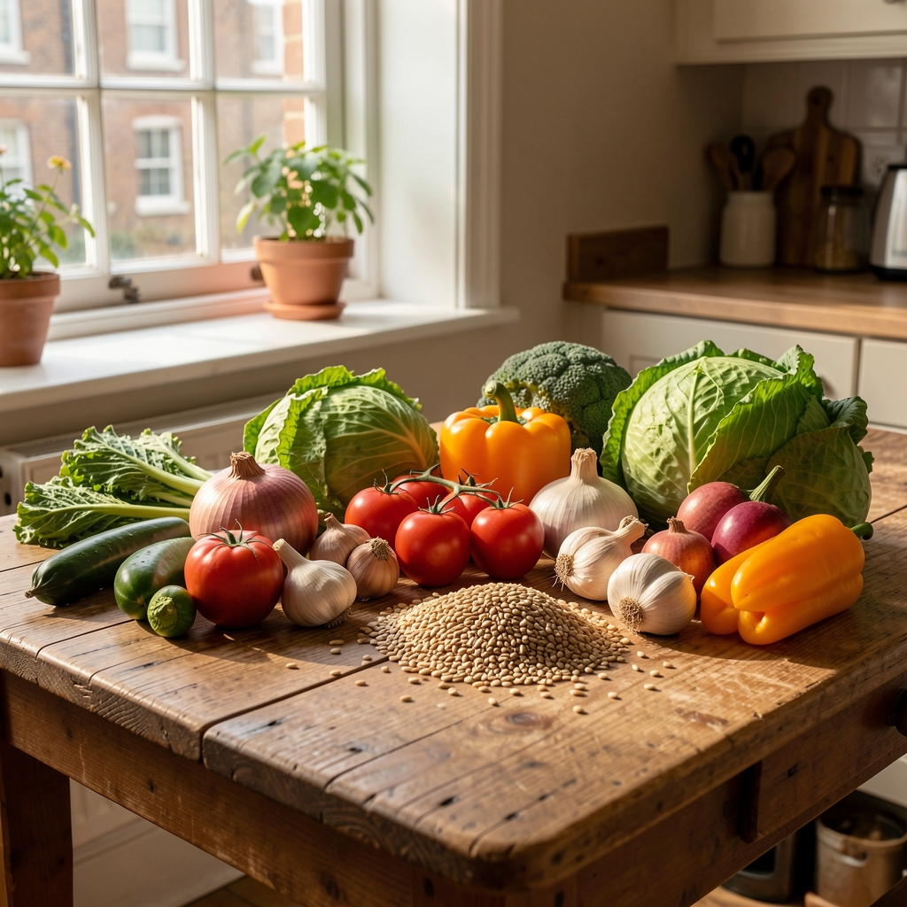 Carefully arranged seasonal vegetables and whole grains on a worn wooden kitchen table under warm natural light from a London window