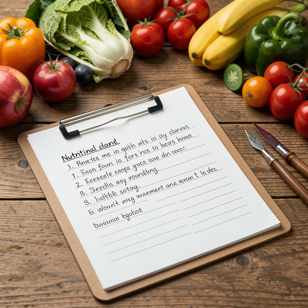 Handwritten nutritional assessment notes on a clipboard beside a wooden desk with seasonal produce samples arranged in the background