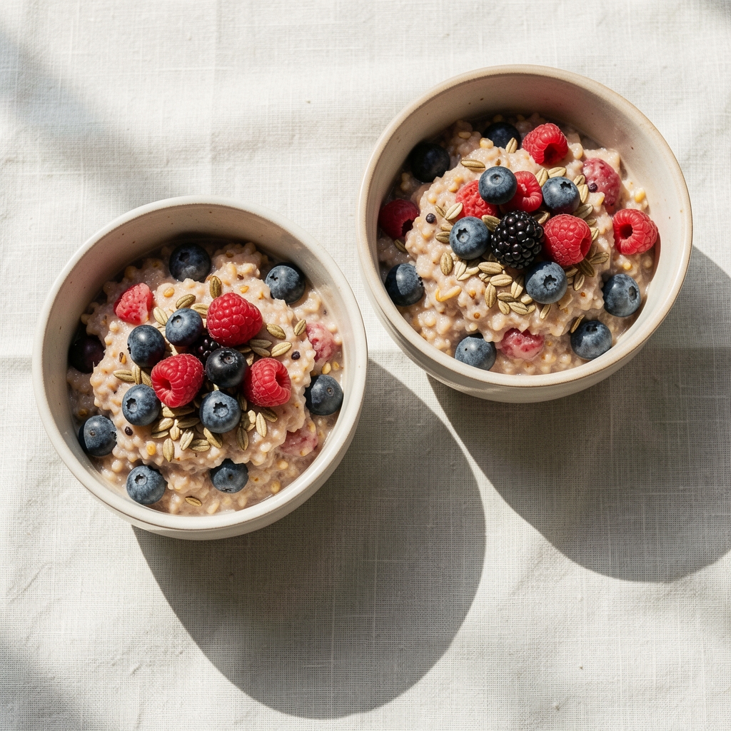 Two ceramic bowls of seasonal whole-grain porridge with seeds and fresh berries photographed overhead on a pale linen surface in bright morning light