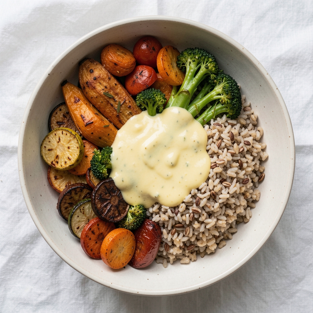 Overhead shot of a balanced meal bowl with roasted seasonal vegetables, whole grains, and a lemon tahini dressing arranged on a white linen cloth