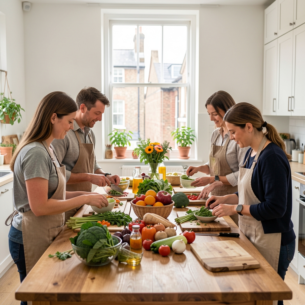 A small group of people gathered around a kitchen table examining seasonal ingredients during a nutrition workshop in a bright London studio