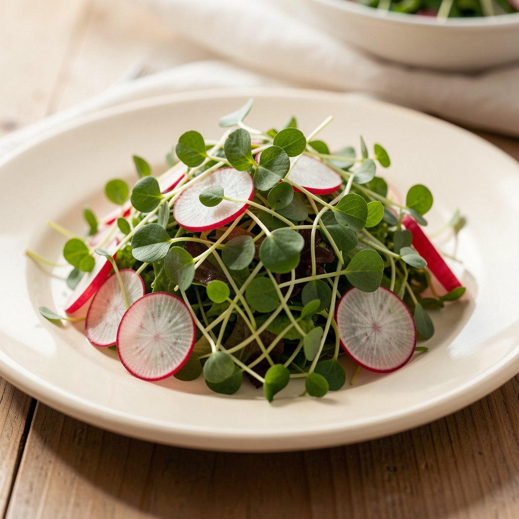 Close-up of freshly prepared spring salad with pea shoots, radishes, and soft herbs on a cream ceramic plate in natural light