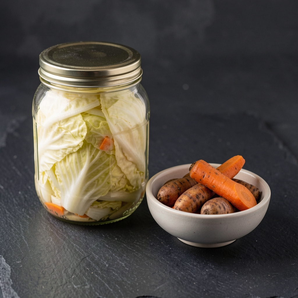 A glass jar of winter fermented cabbage and a small bowl of pickled root vegetables photographed on a dark slate surface