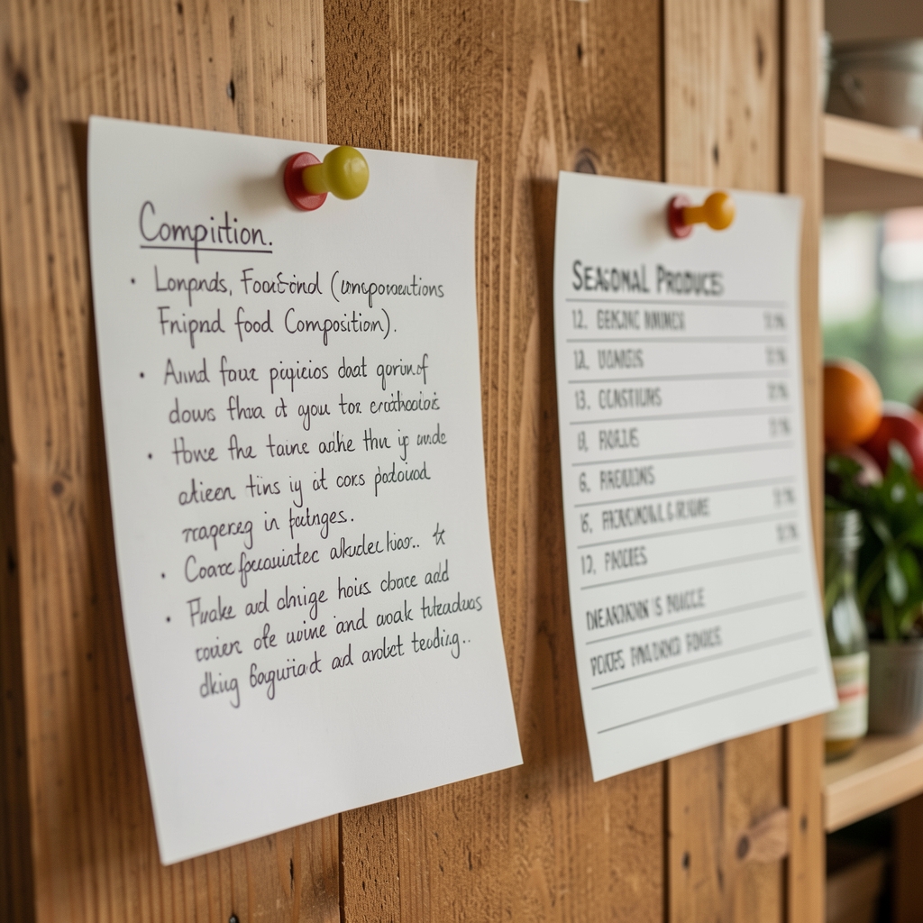 Close-up of handwritten food composition notes and a seasonal produce list pinned to a wooden board in a London nutritionist's studio